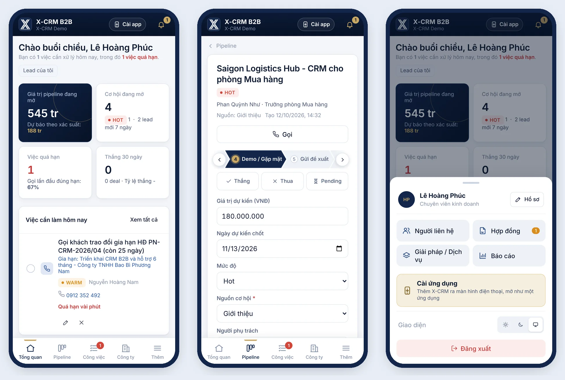 Giao diện X-CRM B2B trên điện thoại