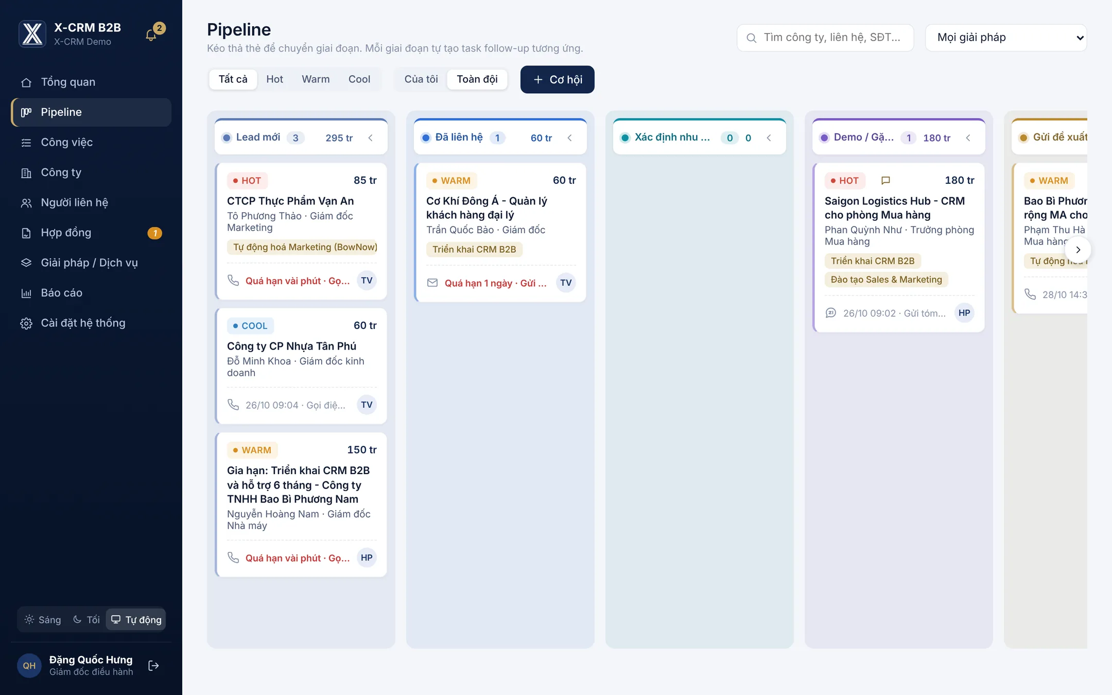 Pipeline kéo thả của X-CRM B2B với các thẻ Hot, Warm, Cool